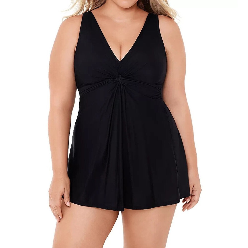 Miraclesuit Marais Allover Slimming Twist Front‎ Swim dress Black Plus Sz 18W